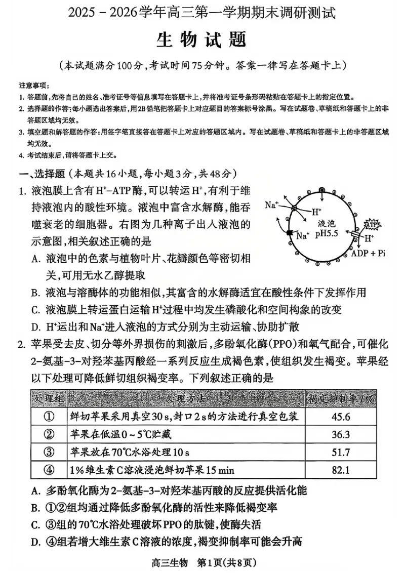 生物试题_吕梁一模吕梁25-26学年高三上学期期末调研测试及答案_全国高考模拟卷_2026年2月_260208山西省吕梁25-26学年高三上学期期末调研（吕梁一模）（全科）