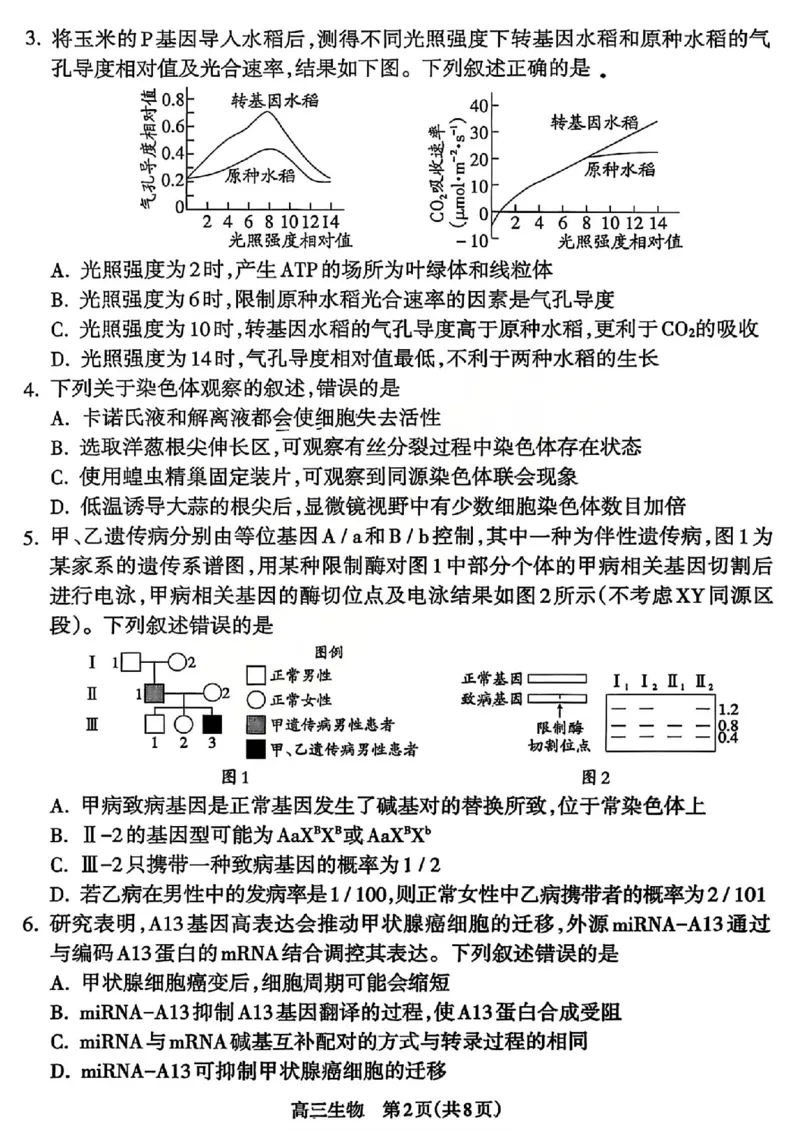 生物试题_吕梁一模吕梁25-26学年高三上学期期末调研测试及答案_全国高考模拟卷_2026年2月_260208山西省吕梁25-26学年高三上学期期末调研（吕梁一模）（全科）