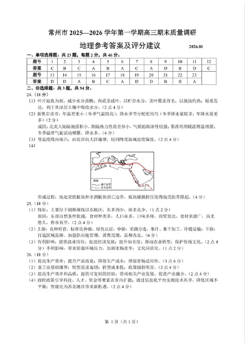 地理卷+答案常州高三期末2601_全国高考模拟卷_2026年2月_260201常州市2025-2026学年第一学期高三期末质量调研（全科）_常州市2025-2026学年第一学期高三期末质量调研地理+答案