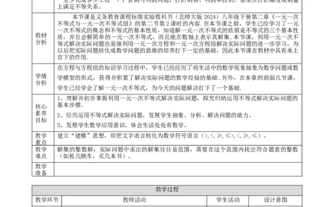 精5北师大版（2024）八下2.2用一元一次不等式解决实际问题课时计划_北师大初中数学_8下-北师大版初中数学_2026春新版_第二套-东方