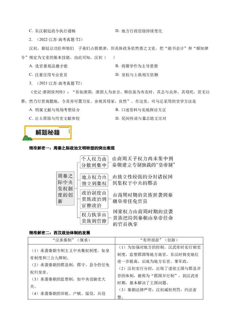 押江苏卷第2题秦汉至魏晋南北朝时期（原卷版）_07高考历史_2024年新高考资料_52024三轮冲刺_备战2024年高考历史临考题号押题（江苏专用）323111722