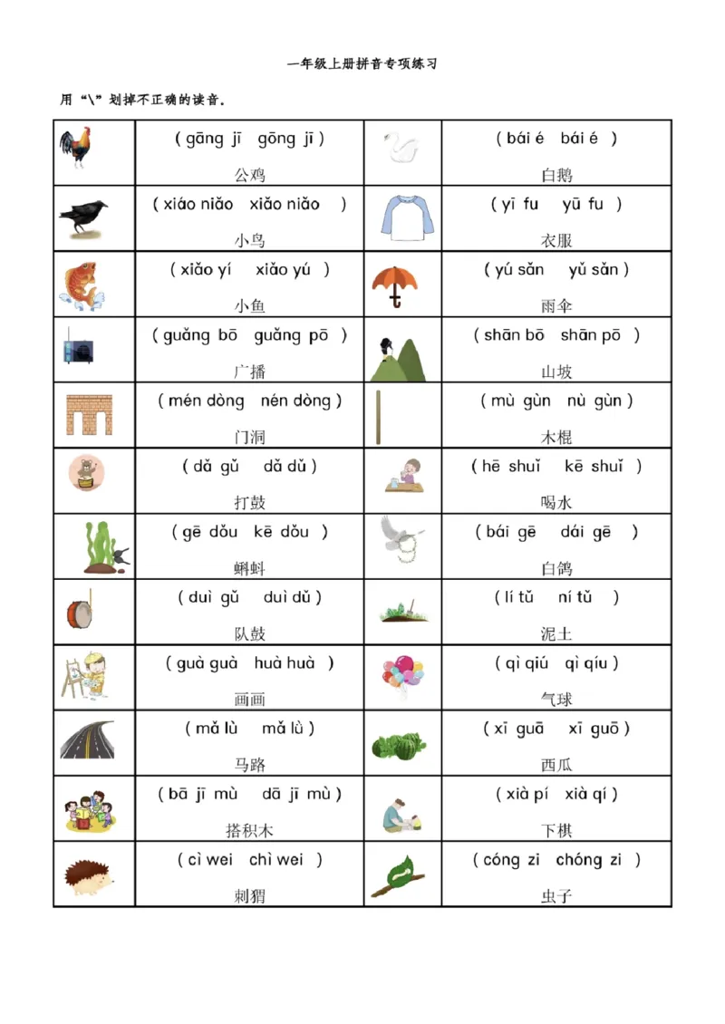 一年级语文拼音专项-前鼻音后鼻音平舌音翘舌音练习题_小学1-6年级常用的上册资源汇总_一年级上册资料