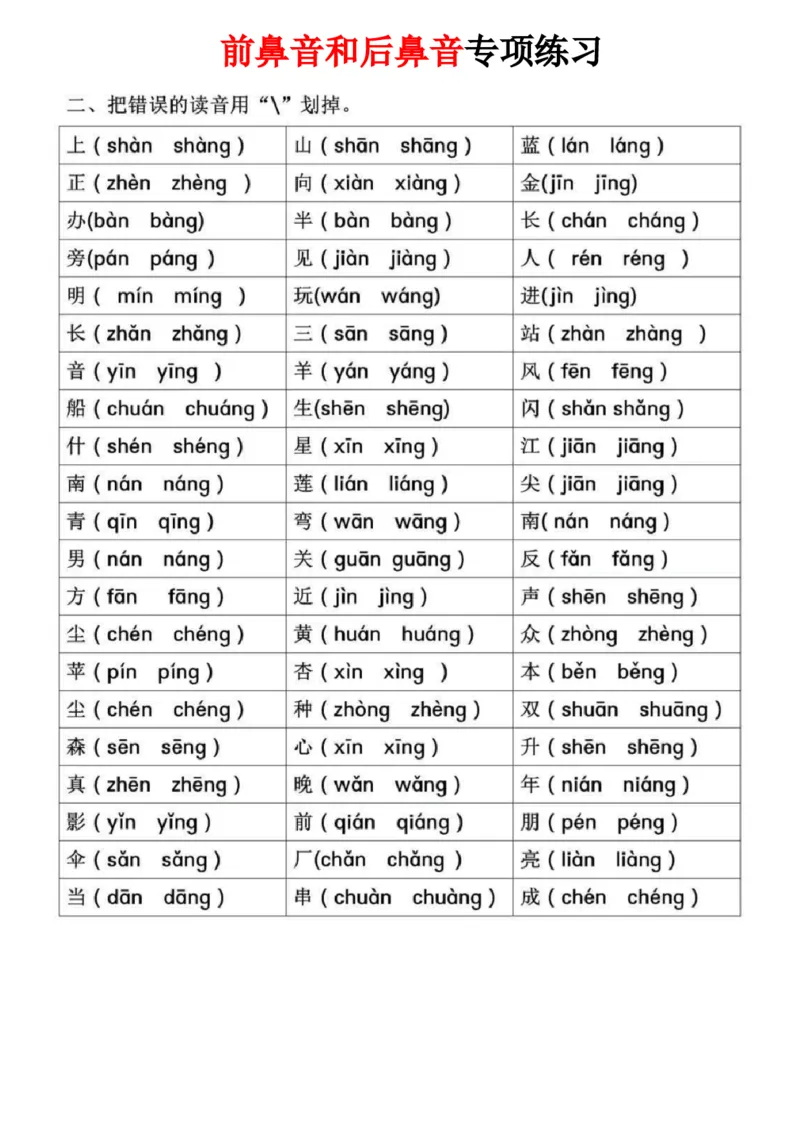 一年级语文拼音专项-前鼻音后鼻音平舌音翘舌音练习题_小学1-6年级常用的上册资源汇总_一年级上册资料