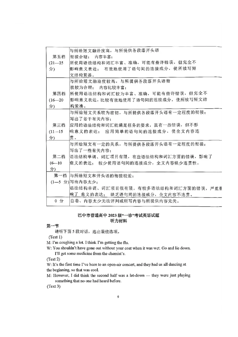 巴中市普通高中2023级&ldquo;一诊&rdquo;考试英语答案_全国高考模拟卷_2026年2月_260202四川省巴中市普通高中2023级&ldquo;一诊&rdquo;考试（巴中一诊）（全科）