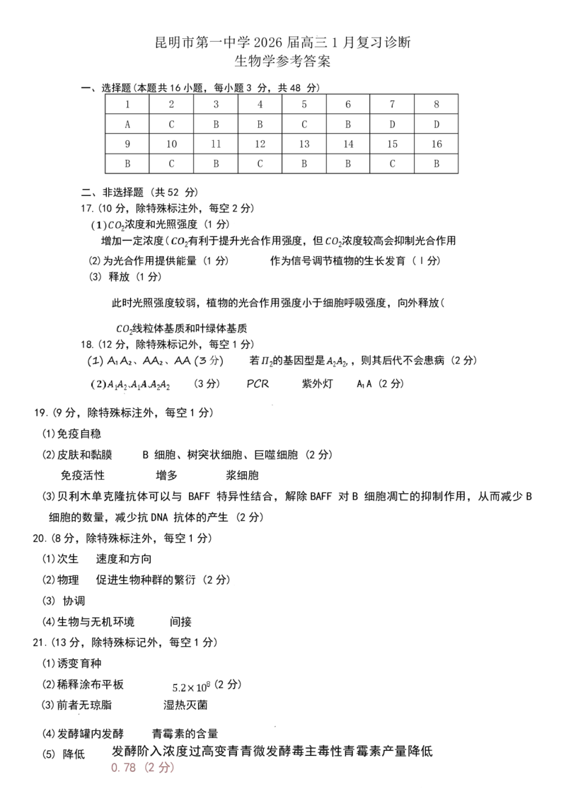 昆明市第一中学2026届高三年级第六次联考生物答案_全国高考模拟卷_2026年2月_260201云南省昆明市第一中学2026届高三上学期1月复习诊断（第六次联考）(全科）