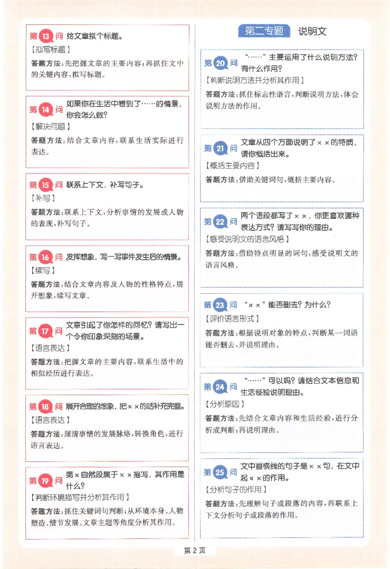 一本-小学语文阅读答题方法100问-5年级专题卡片(6)_小学1-6年级一本阅读题系列