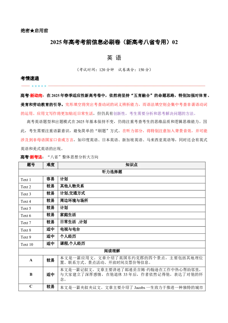 信息必刷卷02（新高考八省专用）原卷版_03高考英语_2025年新高考资料_2025考前信息卷_2025年高考英语考前信息必刷卷（新高考八省专用）3436535