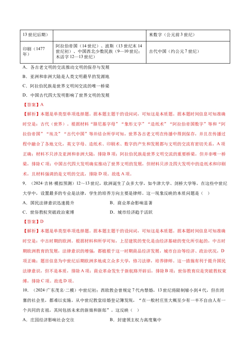 押广东卷第12题世界中世纪史：对现代欧洲的孕育（解析版）_07高考历史_2024年新高考资料_52024三轮冲刺_备战2024年高考历史临考题号押题（广东专用）323033819