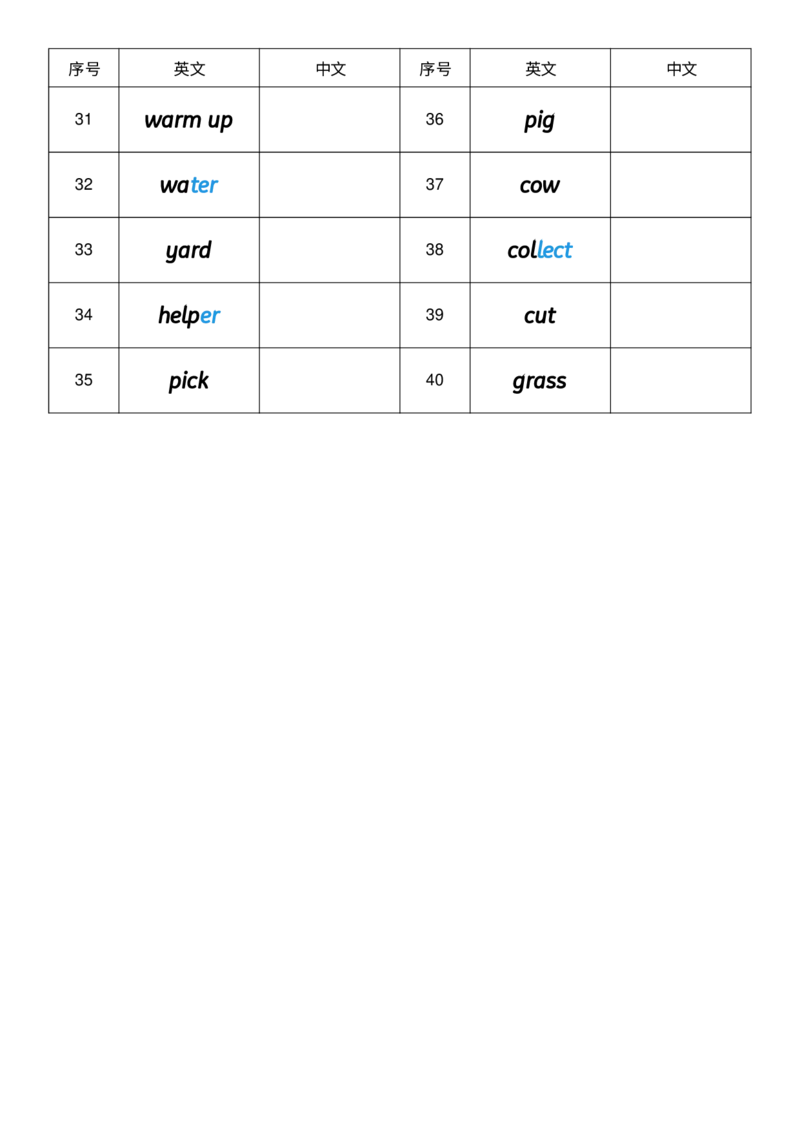 Unit2英译中_小学教辅2026新版+暑假衔接_《小学英语单词默写表》_外研版（三起）_3-6年级上册_2025秋四年级上册新教材单词默写_Unit2