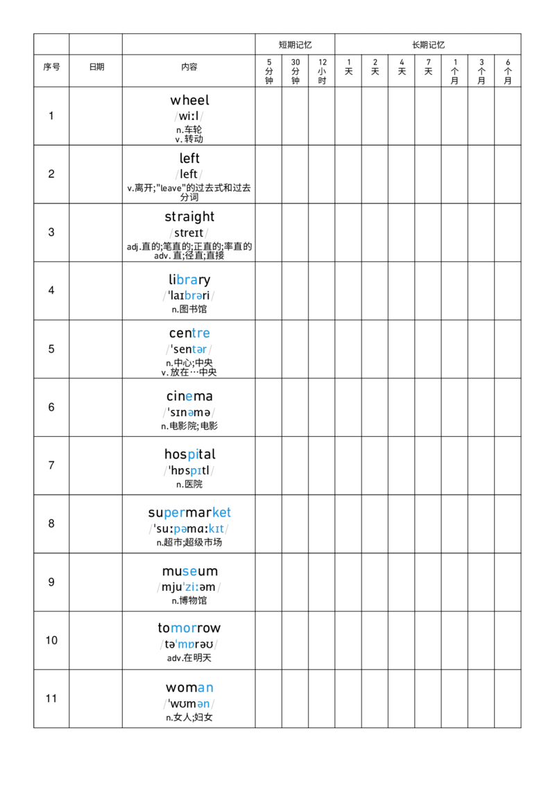 Unit6艾宾浩斯记忆表_小学教辅2026新版+暑假衔接_《小学英语单词默写表》_外研版（三起）_3-6年级上册_2025秋四年级上册新教材单词默写_Unit6