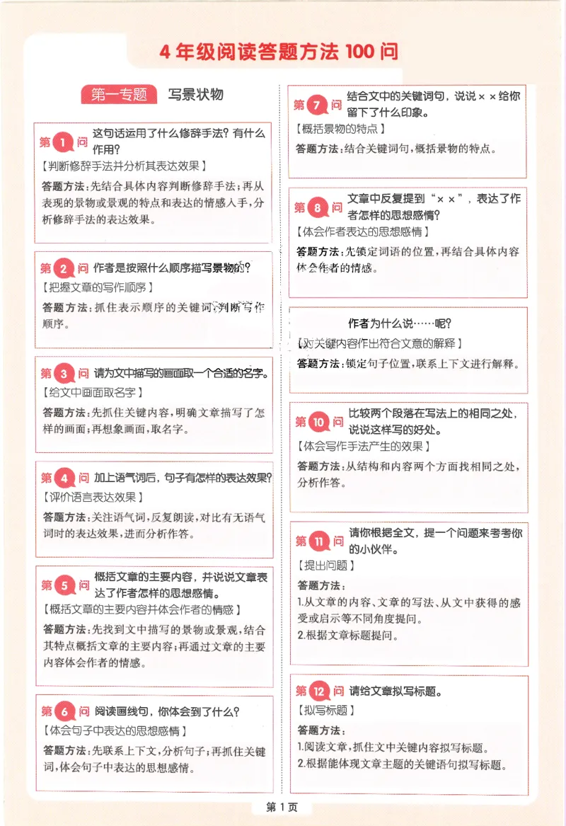 一本-小学语文阅读答题方法100问-4年级专题卡片(6)_小学1-6年级一本阅读题系列