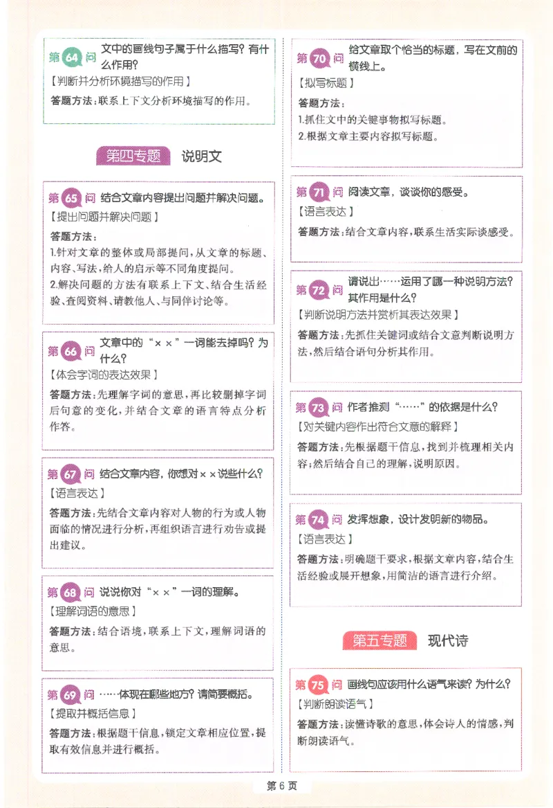 一本-小学语文阅读答题方法100问-4年级专题卡片(6)_小学1-6年级一本阅读题系列