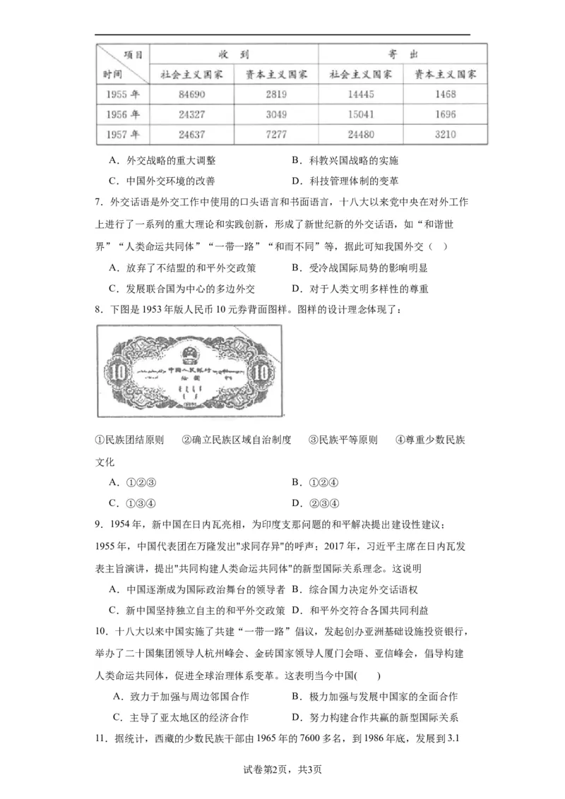 当代中国的民族政策和外交-2023-2024学年高三历史二轮（专题训练）原卷版_07高考历史_2024年新高考资料_2.2024二轮复习_2024届高三历史统编版二轮复习专项训练