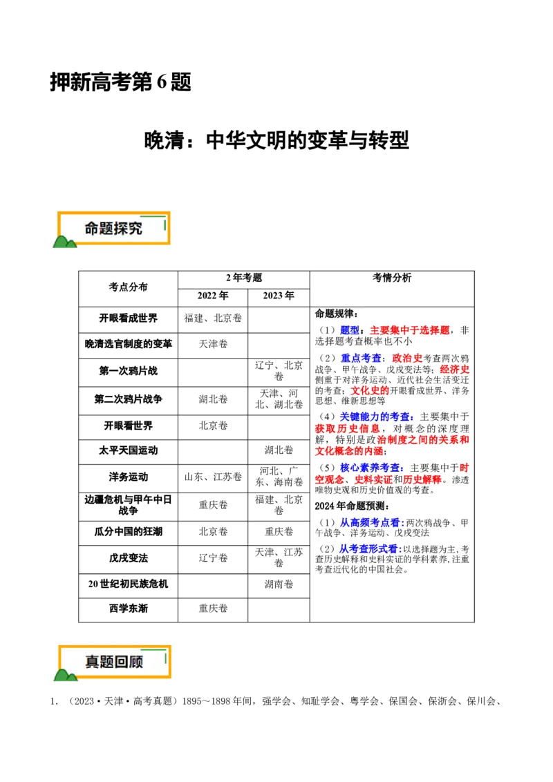 押新高考第6题晚清：中华文明的变革与转型（原卷版）_07高考历史_2024年新高考资料_52024三轮冲刺_备战2024年高考历史临考题号押题（新高考通用）322946313