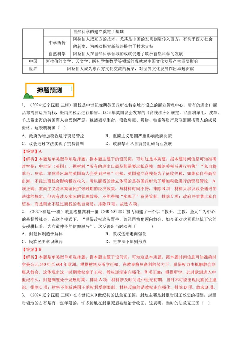 押第12题中古时期的世界（解析版）_07高考历史_2024年新高考资料_52024三轮冲刺_备战2024年高考历史临考题号押题（辽宁、黑龙江、吉林专用）322866720
