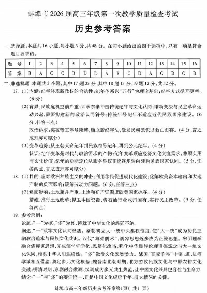 安徽蚌埠市2026届高三年级第第一次教学质量检查考试历史试题（含答案）_全国高考模拟卷_2026年2月_260208安徽蚌埠市2026届高三年级第第一次教学质量检查考试（全科）