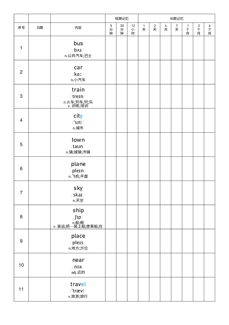Unit5艾宾浩斯记忆表_小学教辅2026新版+暑假衔接_《小学英语单词默写表》_外研版（三起）_3-6年级上册_2025秋四年级上册新教材单词默写_Unit5