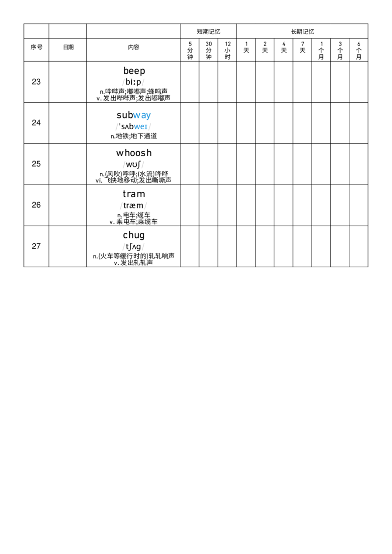 Unit5艾宾浩斯记忆表_小学教辅2026新版+暑假衔接_《小学英语单词默写表》_外研版（三起）_3-6年级上册_2025秋四年级上册新教材单词默写_Unit5
