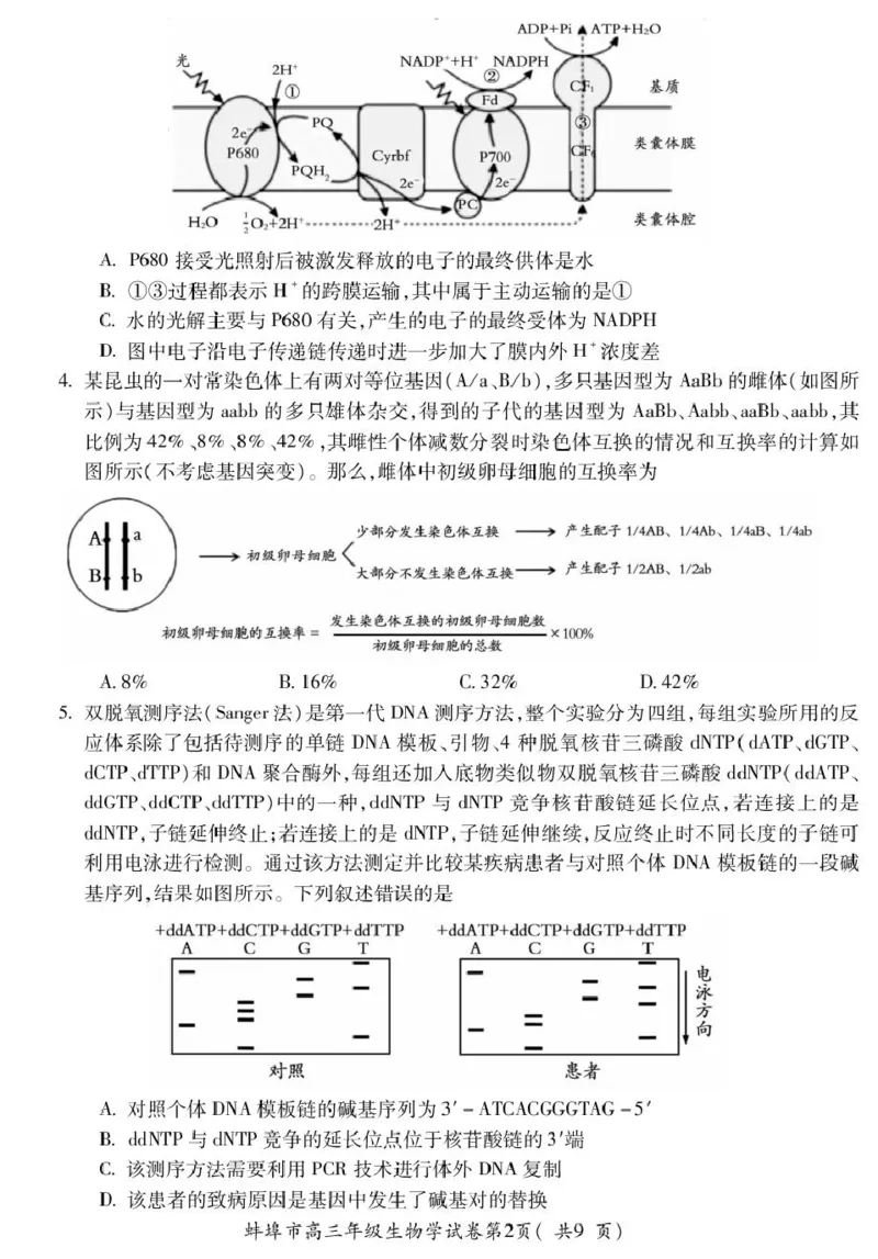 高三生物_全国高考模拟卷_2026年2月_260208安徽蚌埠市2026届高三年级第第一次教学质量检查考试（全科）_安徽蚌埠市2026届高三年级第第一次教学质量检查考试生物试题（含答案）