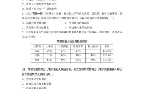 板块1第2单元训练5　三国两晋南北朝到五代十国的政权更迭与民族交融_07高考历史_2024年新高考资料_1.2024一轮复习_2024年高考历史一轮复习讲义（部编版）_学生版在此文件夹