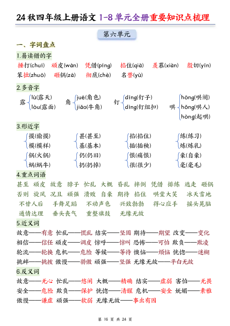 ❀24秋四年级上册语文1-8单元全册重要知识点-2(1)(1)_小学1-6年级常用的上册资源汇总_四年级上册资料(1)