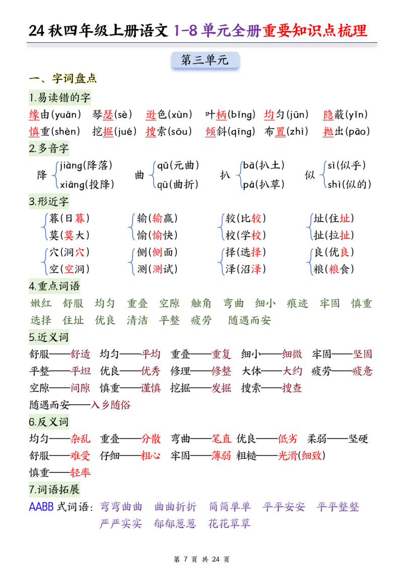 ❀24秋四年级上册语文1-8单元全册重要知识点-2(1)(1)_小学1-6年级常用的上册资源汇总_四年级上册资料(1)
