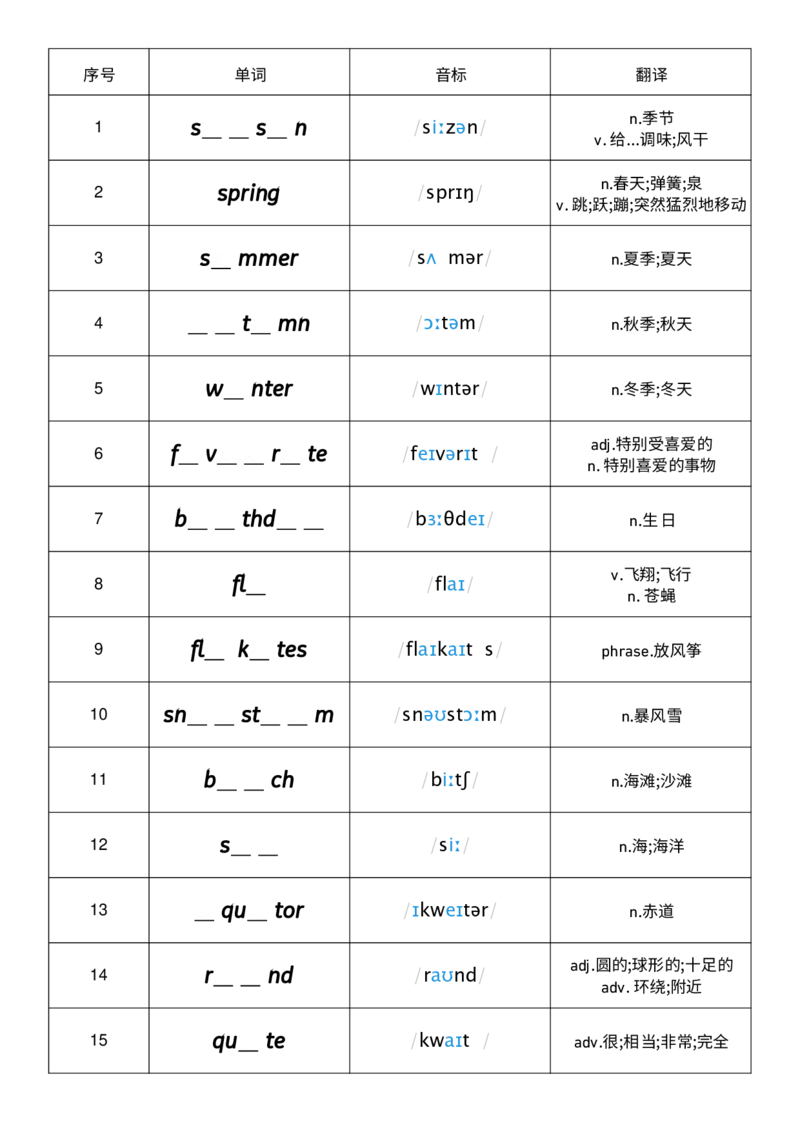 Unit4单词挖空练习_小学教辅2026新版+暑假衔接_《小学英语单词默写表》_外研版（三起）_3-6年级上册_2025秋四年级上册新教材单词默写_Unit4