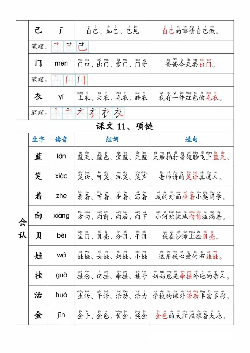 一上语文生字，组词，造句_小学1-6年级常用的上册资源汇总_一年级上册资料_一年级直播间资料