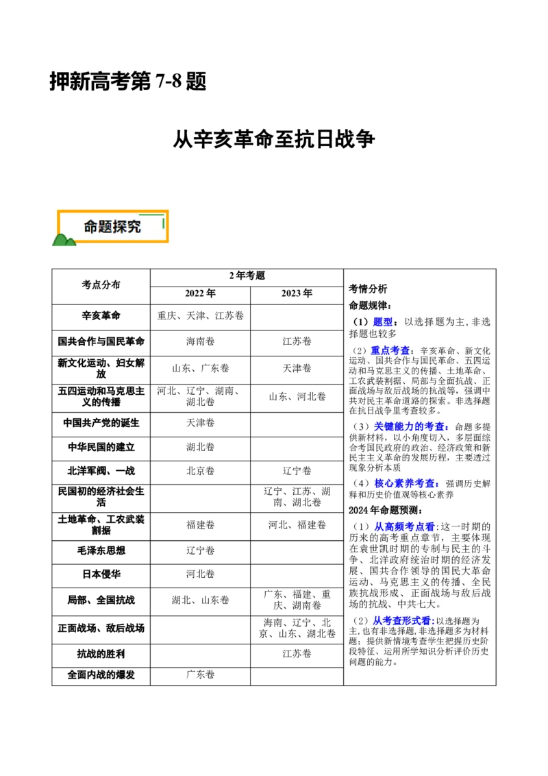 押新高考第7-8题从辛亥革命至抗日战争（原卷版）_07高考历史_2024年新高考资料_52024三轮冲刺_备战2024年高考历史临考题号押题（新高考通用）322946313