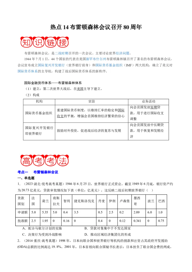 周年热点14布雷顿森林会议召开80周年（原卷版）_07高考历史_2024年新高考资料_2.2024二轮复习_2024年高考历史二轮复习周年热点追踪分析与预测