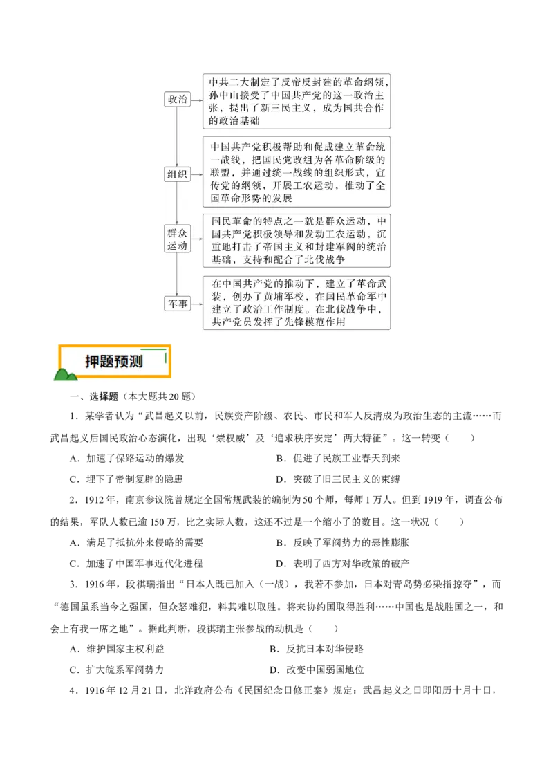 押江苏卷第7题1912-1927：辛亥革命至国共第一次合作（原卷版）_07高考历史_2024年新高考资料_52024三轮冲刺_备战2024年高考历史临考题号押题（江苏专用）323111722