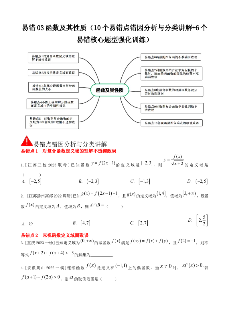易错03函数及其性质（10个易错点错因分析与分类讲解+6个易错核心题型强化训练）原卷版_02高考数学_2025年新高考资料_一轮复习_2025年高考数学一轮复习核心题型讲与练（完结）