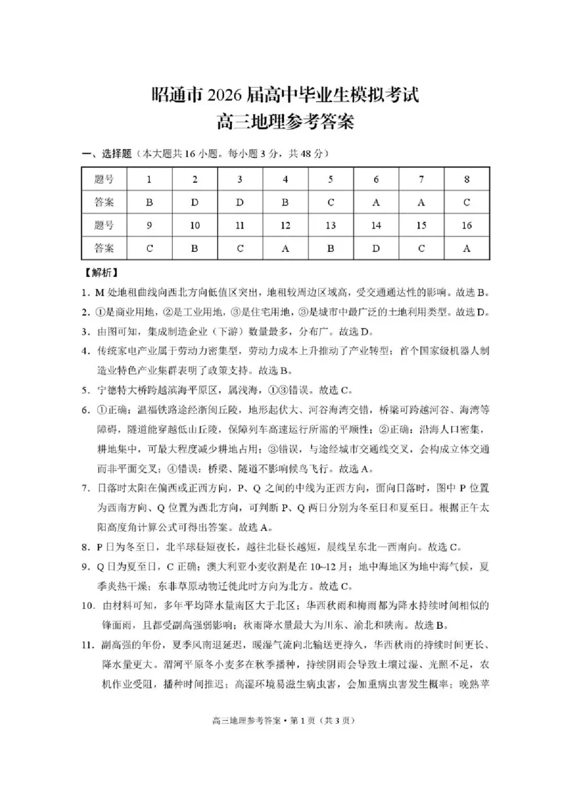 云南省昭通市2026届高中毕业生模拟考试地理答案_全国高考模拟卷_2026年2月_260206云南省昭通市2026届高中毕业生模拟考试（全科）