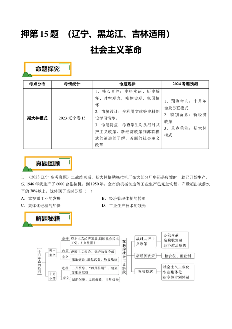 押第15题社会主义革命（原卷版）_07高考历史_2024年新高考资料_52024三轮冲刺_备战2024年高考历史临考题号押题（辽宁、黑龙江、吉林专用）322866720