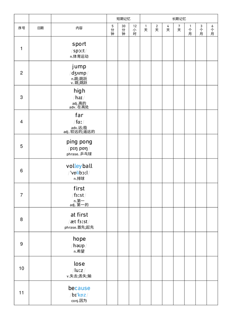 Unit1艾宾浩斯记忆表_小学教辅2026新版+暑假衔接_《小学英语单词默写表》_外研版（三起）_3-6年级上册_2025秋四年级上册新教材单词默写_Unit1