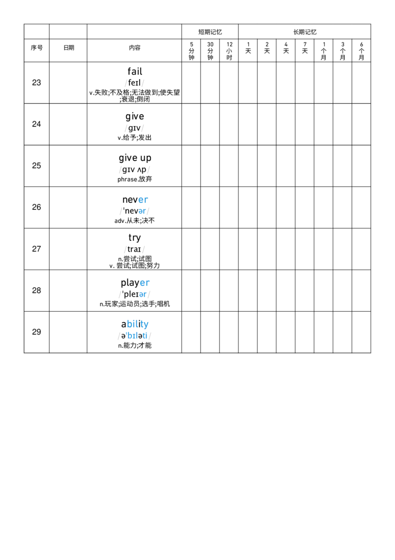 Unit1艾宾浩斯记忆表_小学教辅2026新版+暑假衔接_《小学英语单词默写表》_外研版（三起）_3-6年级上册_2025秋四年级上册新教材单词默写_Unit1