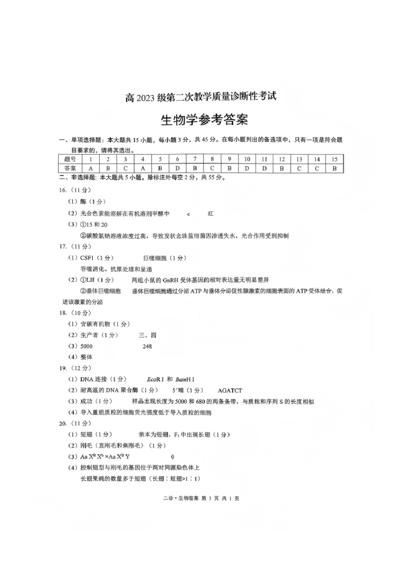 生物答案_全国高考模拟卷_2026年2月_260201四川省泸州市高2023级第二次教学质量诊断性考试（泸州二诊）（全科）