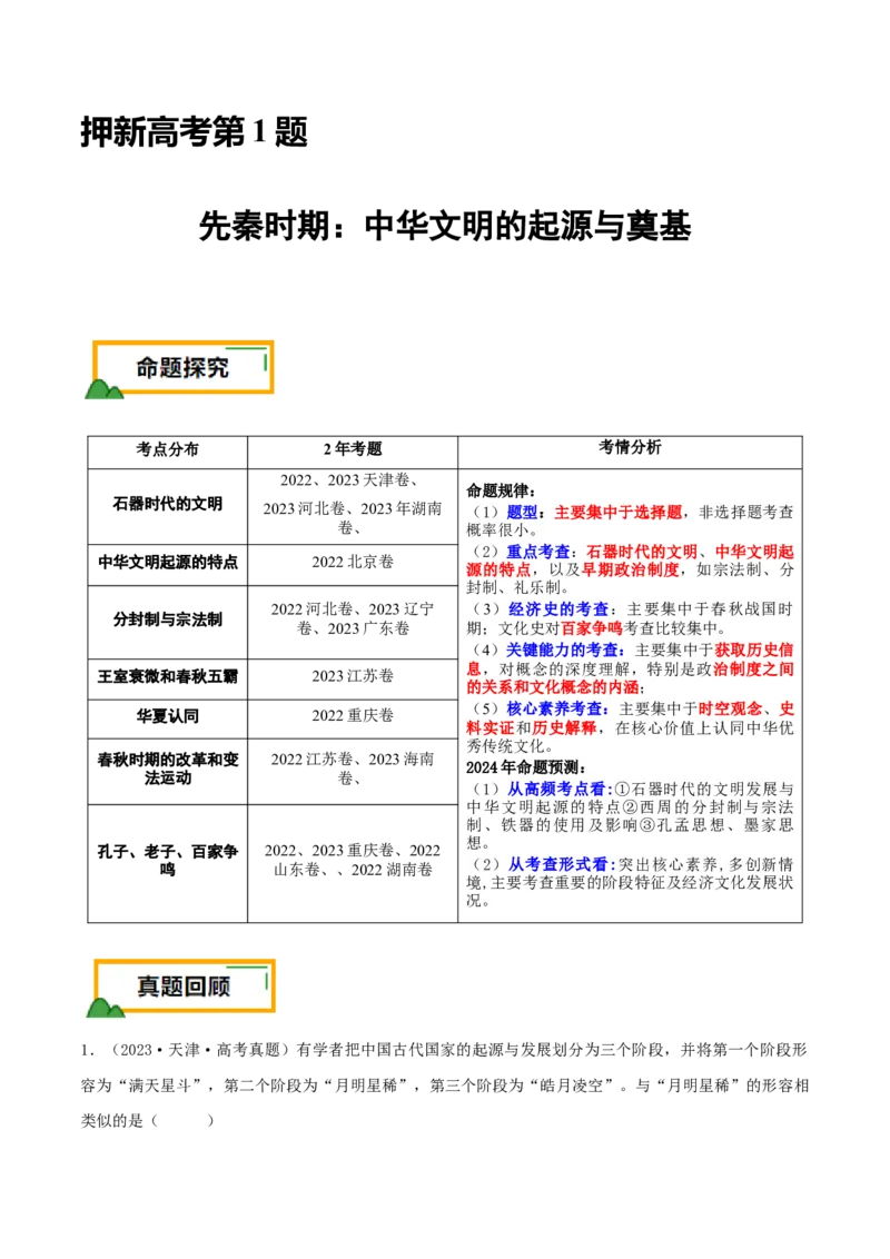 押新高考第1题先秦时期：中华文明的起源与奠基（解析版）_07高考历史_2024年新高考资料_52024三轮冲刺_备战2024年高考历史临考题号押题（新高考通用）322946313