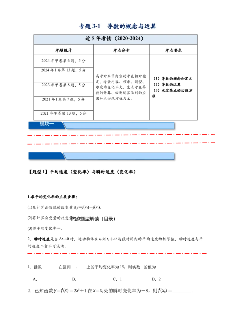 热点专题3-1导数的概念与运算（原卷版）-2025年高考数学热点题型追踪与重难点专题突破（新高考专用）_2025年新高考资料_二轮复习