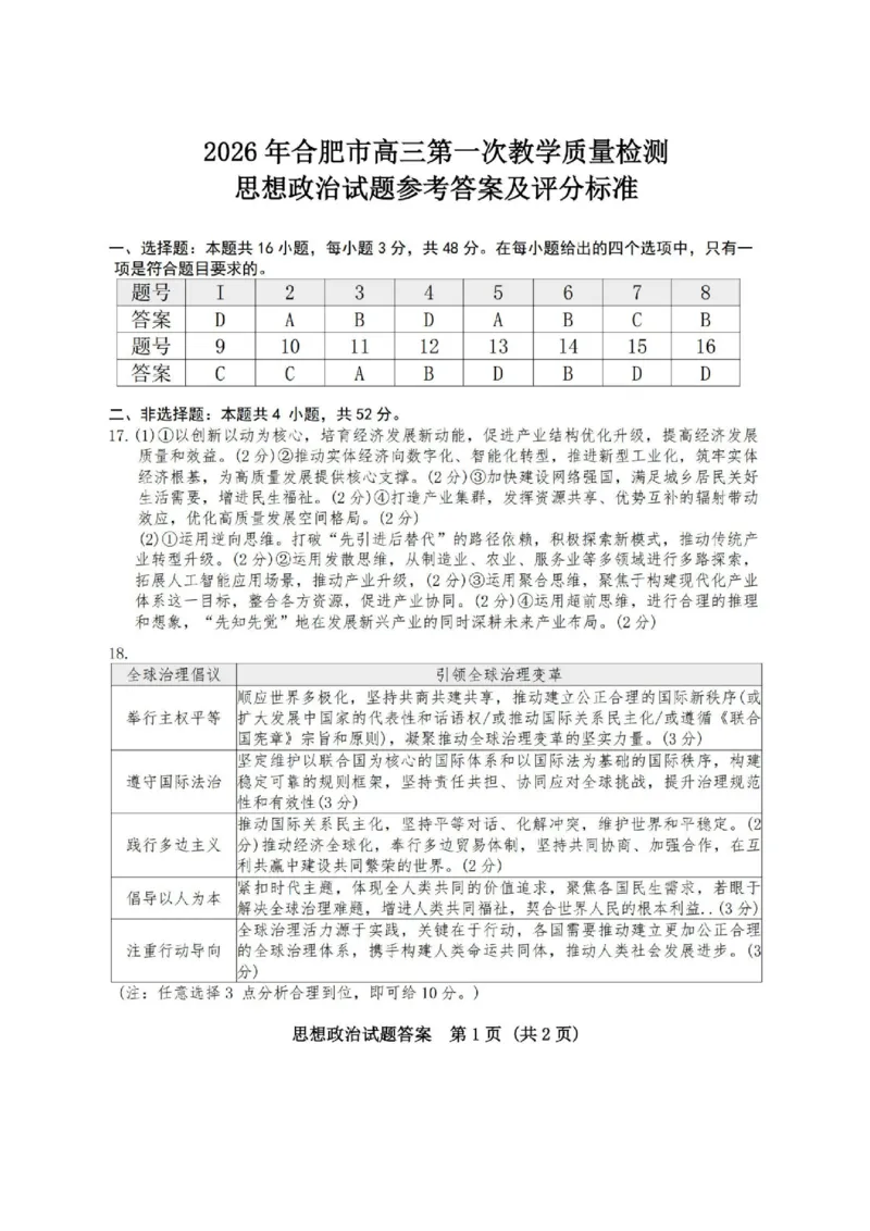 安徽省合肥市2026届高三上学期第一次教学质量检测（一模）政治试题（含答案）_全国高考模拟卷_2026年2月_260210安徽省合肥市2026届高三上学期第一次教学质量检测（一模）（全科）
