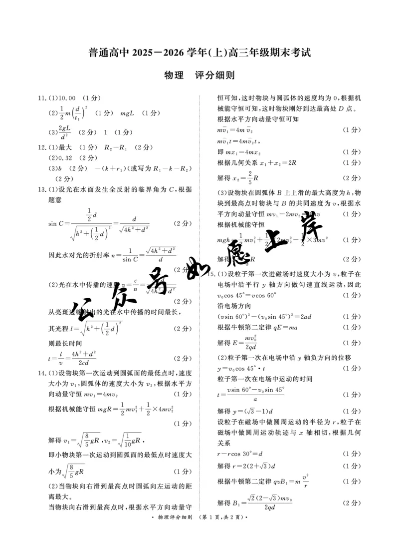 河南高三2月青桐鸣联考物理卷评分细则_全国高考模拟卷_2026年2月_260206青桐鸣&middot;普通高中2025-2026学年(上)高三年级期末考试（全科）