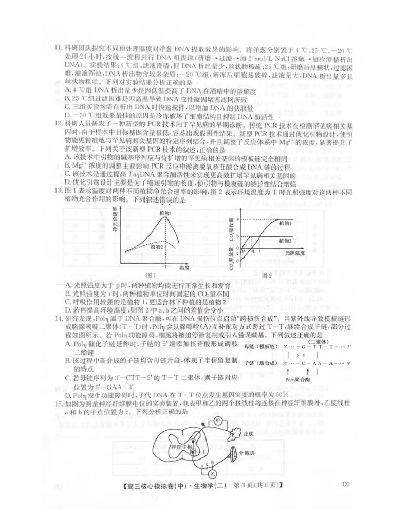 2025-2026学年上学期高三期末考试生物试题_全国高考模拟卷_2026年2月_260206九师联盟2025-2026学年高三核心模拟卷（中）（二）（全科）