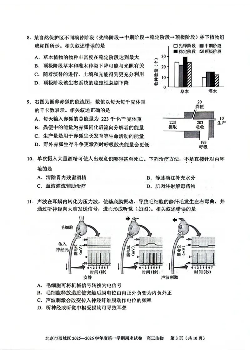 生物试题卷_全国高考模拟卷_2026年2月_260201北京市西城区2025一2026学年度第一学期期末（全科）_北京市西城区2025-2026学年高三（上）期末生物