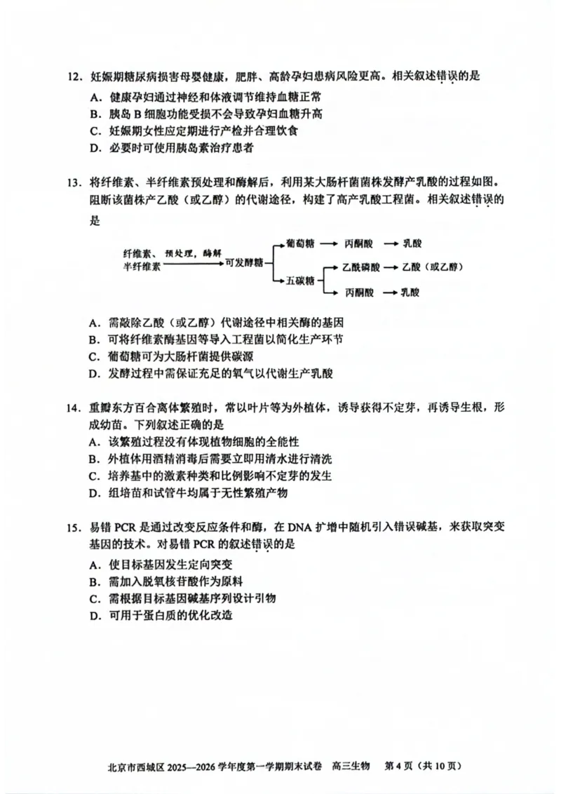 生物试题卷_全国高考模拟卷_2026年2月_260201北京市西城区2025一2026学年度第一学期期末（全科）_北京市西城区2025-2026学年高三（上）期末生物