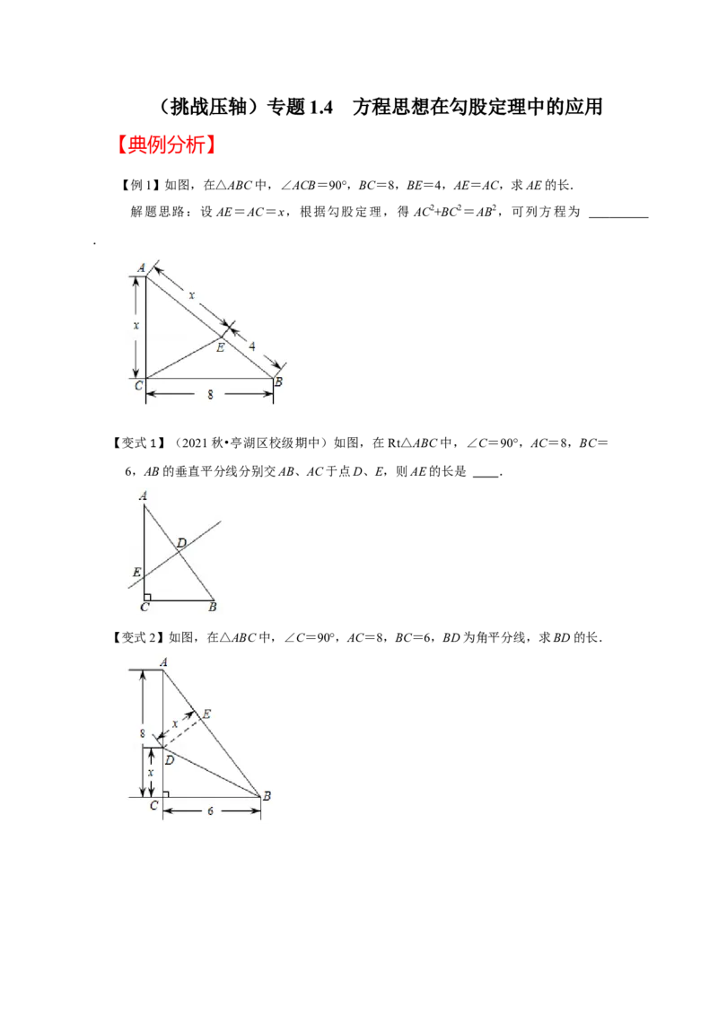 （挑战压轴）专题1.4方程思想在勾股定理中的应用-2022-2023学年八年级数学上册《同步考点解读&bull;专题训练》（北师大版）_北师大初中数学_8上-北师大版初中数学_旧版_06专项讲练