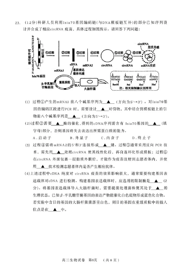 常州市2025-2026学年第一学期高三期末质量调研生物+答案_全国高考模拟卷_2026年2月_260201常州市2025-2026学年第一学期高三期末质量调研（全科）