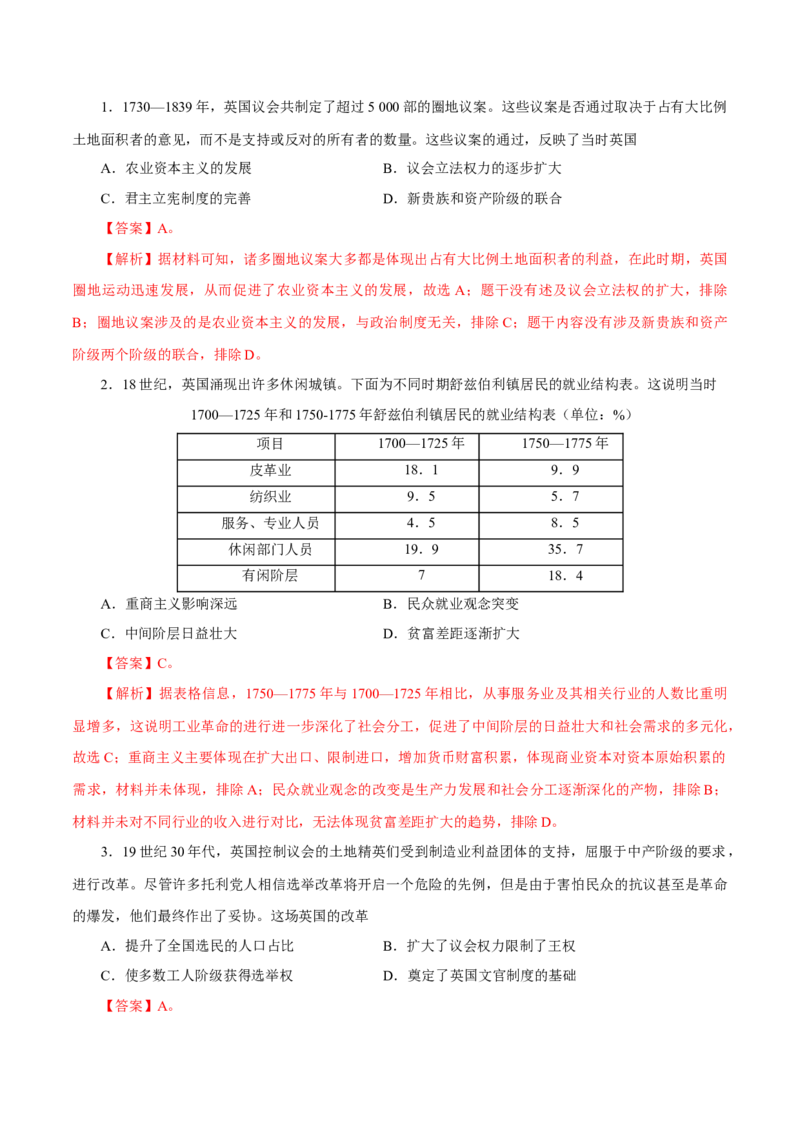 押江苏卷第14题资本主义制度的建立和工业革命（解析版）_07高考历史_2024年新高考资料_52024三轮冲刺_备战2024年高考历史临考题号押题（江苏专用）323111722