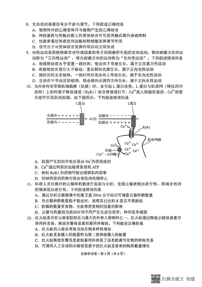 生物试卷（G3）+昆明市市统考2026届_全国高考模拟卷_2026年2月_260205云南省昆明市2026届高三摸底诊断测试（全科）_云南省昆明市2026届高三摸底诊断测试生物