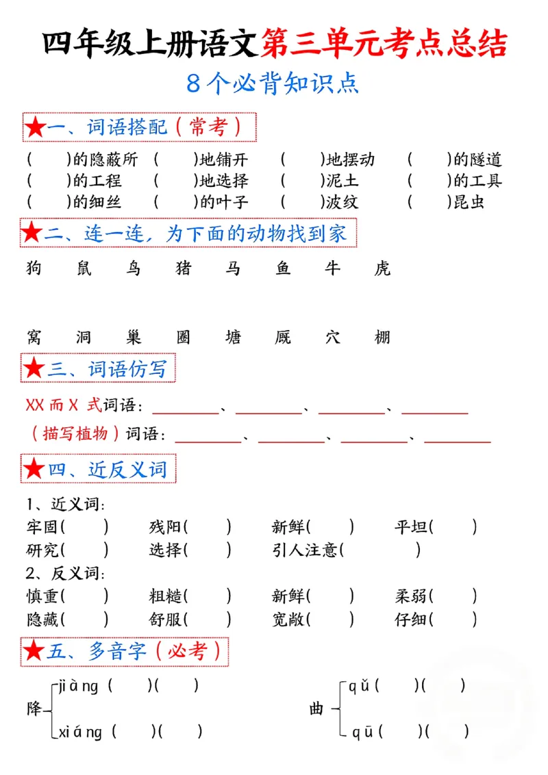 G四上语文考点总结（8个必背知识点）_小学1-6年级常用的上册资源汇总_四年级上册资料(1)