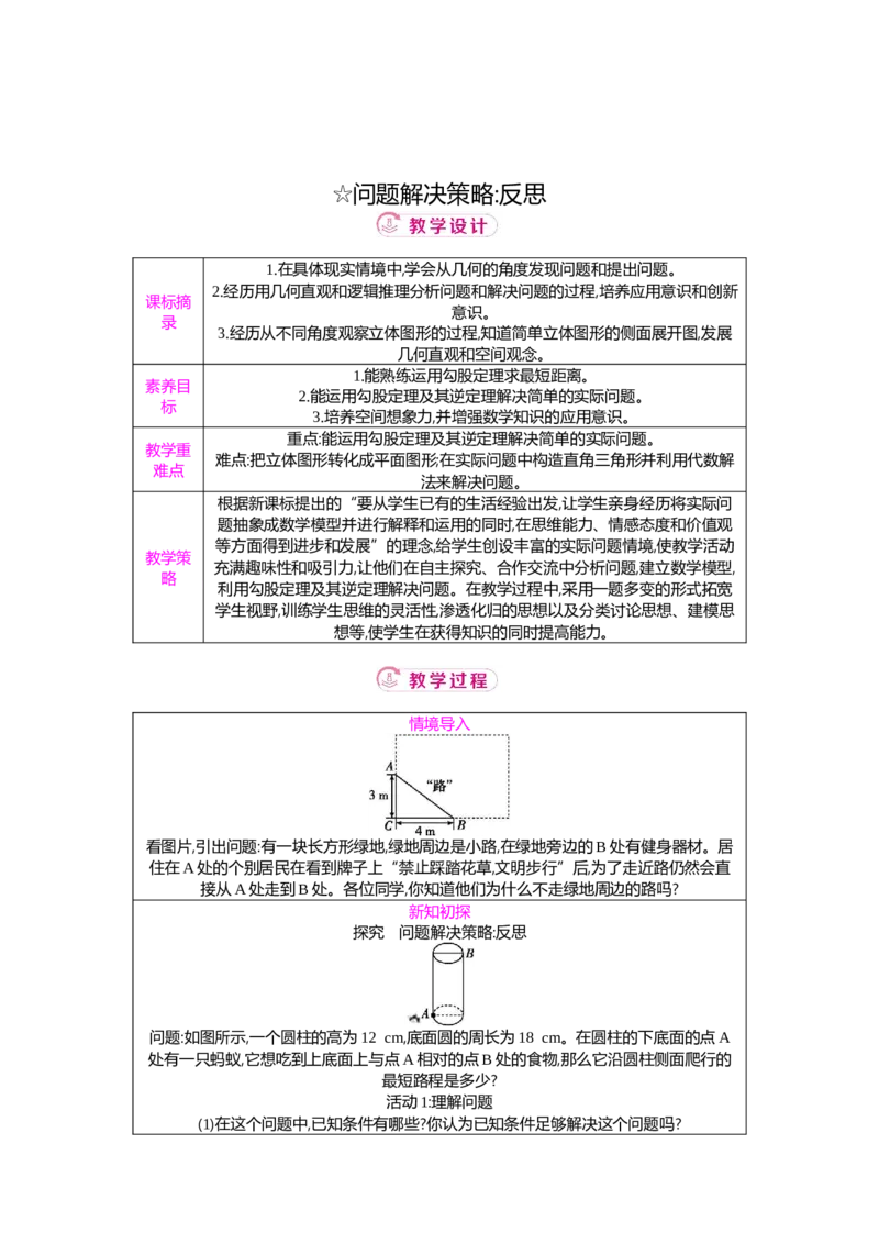 问题解决策略：反思教案（表格式）2025-2026学年数学北师大版（2024）八年级上册_北师大初中数学_8上-北师大版初中数学_初中数学北师大8上-2025秋季新版_第二套推荐25